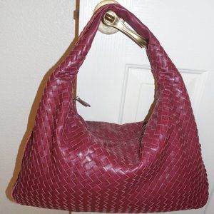Hand Woven hobo bag, burgundy wine, lambskin leather shoulder bag-large capacity